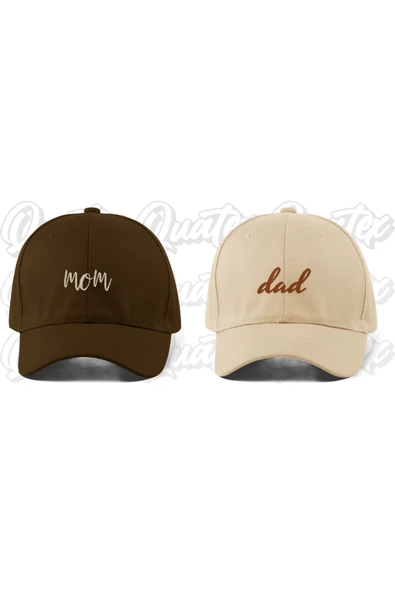 Quatex Nakışlı Mom Dad Çift Şapka - Kahverengi ve Bej %100 Pamuk Gabardin Unisex Model Çift Şapkası ürün görseli 1