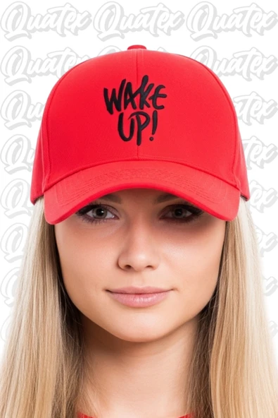Quatex Wake Up Nakışlı Şapka – Kırmızı %100 Pamuk Gabardin Unisex Model ürün görseli 1