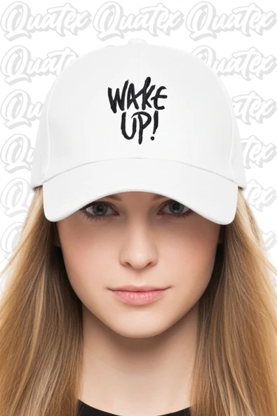 Quatex Wake Up Nakışlı Şapka – Beyaz %100 Pamuk Gabardin Unisex Model ürün görseli 1