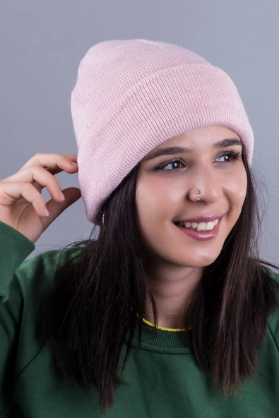 Quatex Pembe Unisex Katlamalı Triko Düz Bere ürün görseli 1