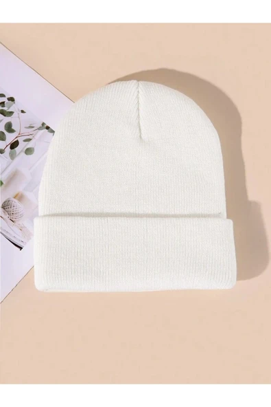 Quatex Beyaz Unisex Katlamalı Triko Düz Bere ürün görseli 1