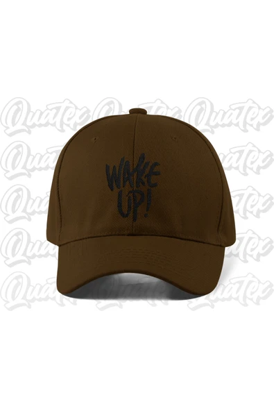 Quatex Wake Up Nakışlı Şapka - Kahverengi Renk %100 Pamuk Gabardin Unisex Model Şapka ürün görseli 1