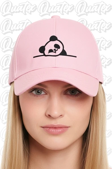 Quatex Panda Nakışlı Şapka – Pembe %100 Pamuk Gabardin Unisex Model ürün görseli 1