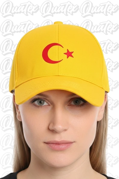 Quatex Ay Yıldız Nakışlı Şapka – Sarı %100 Pamuk Gabardin Unisex Model ürün görseli 1