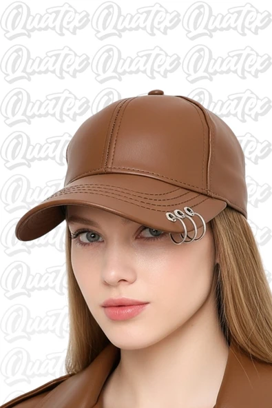 Quatex Deri Şapka Piercing Detaylı - Kahverengi %100 Deri Unisex Model ürün görseli 1