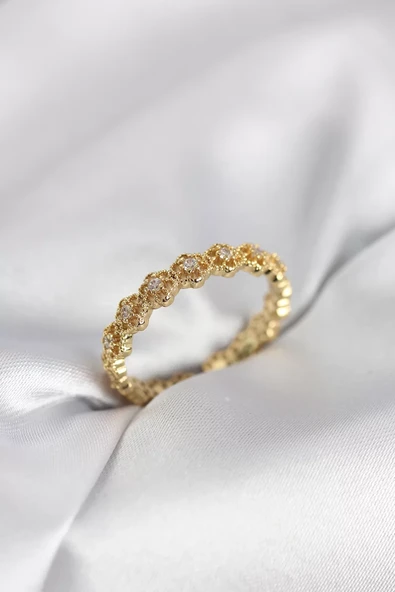 Sıralı Çiçek Model Gold Renk Zirkon Taşlı Kadın Yüzük - TJ-BYK4157 ürün görseli 1