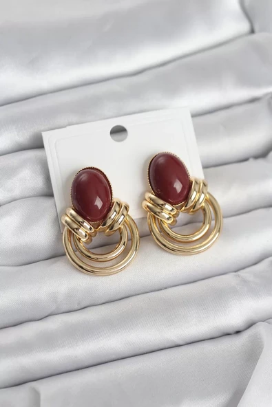 Pirinç Gold Renk Bordo Taşlı Vintage Kadın Küpe - TJ-BKP11679 ürün görseli 1