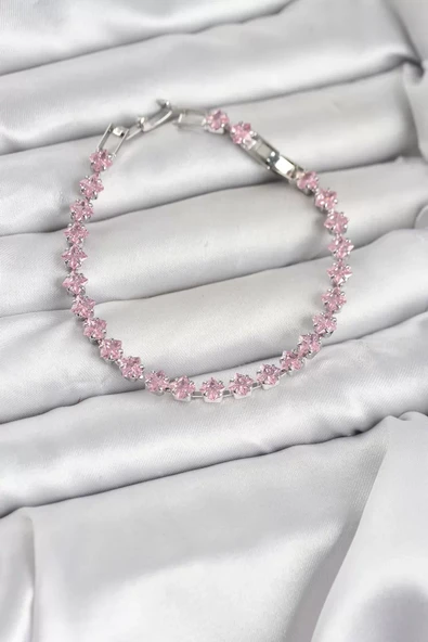 Pembe Kare Zirkon Taşlı Gümüş Renk Pirinç Su Yolu Kadın Bileklik - TJ-BB8323 ürün görseli 1