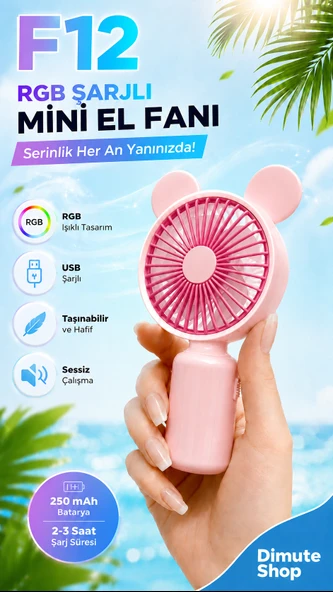 MSYELEKTRONİK F12 Mini El Fanı Şarjlı Taşınabilir USB El Vantilatörü Pembe ürün görseli 1