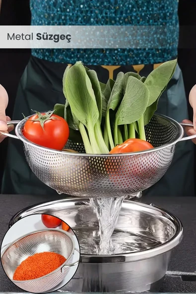 Metal Kulplu Paslanmaz Çelik Süzgeç 26 Cm  Makarna - Pirinç - Bulgur ürün görseli 1