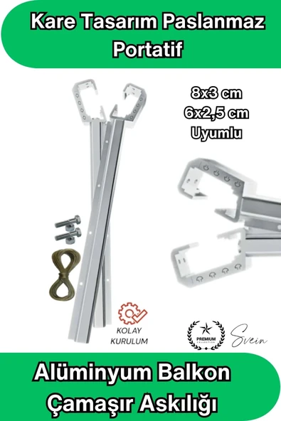 8x3 ve 6x2.5 cm Uyumlu Alüminyum Balkon Çamaşır Askılığı Takılabilir Küpeşte Kurutmalık Kare Boru Uyumlu Paslanmaz Metal ürün görseli 1