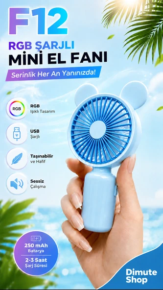 MSYELEKTRONİK F12 Mini El Fanı Şarjlı Taşınabilir USB El Vantilatörü Mavi ürün görseli 1