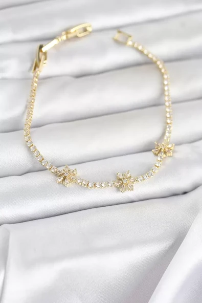 Pirinç Gold Renk Çiçek Model Zirkon Taşlı Su Yolu Kadın Bileklik - TJ-BB8373 ürün görseli 1