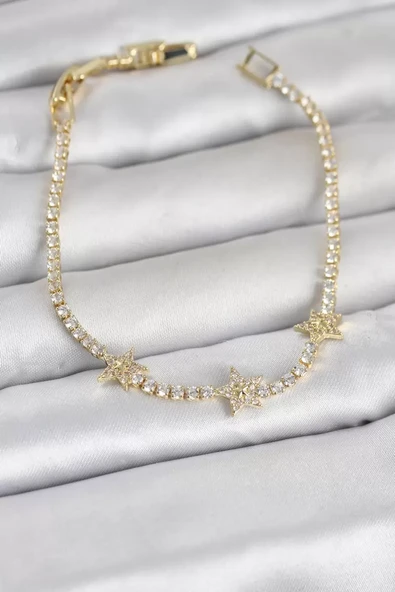 Pirinç Gold Renk Minimal Yıldız Model Zirkon Taşlı Su Yolu Kadın Bileklik - TJ-BB8379 ürün görseli 1