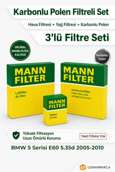 BMW 5 Serisi E60 5.35d 2005-2010 MANN Filtre Seti (3’lü / 3 Parça) Karbonlu Polen + Hava + Yağ Filtresi (Yakıt Yok) ürün görseli 1