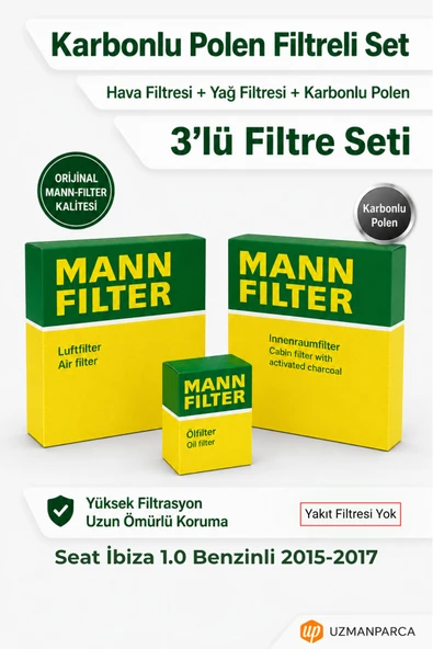 Seat İbiza 1.0 Benzinli 2015-2017 MANN Filtre Seti (3’lü / 3 Parça) Karbonlu Polen + Hava + Yağ Filtresi (Yakıt Yok) ürün görseli 1