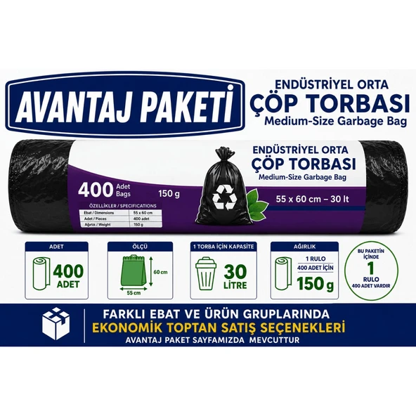 Joypack 400 Adet AVANTAJ TOPTAN PAKET 55 x 60 cm Endüstriyel Orta Boy Çöp Torbası 30 Litre Çöp Poşeti ürün görseli 1