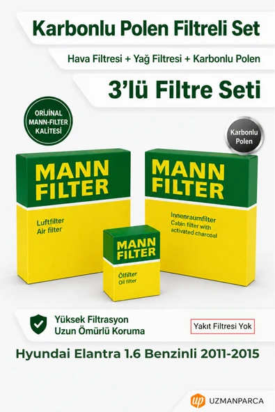 Hyundai Elantra 1.6 Benzinli 2011-2015 MANN Filtre Seti (3’lü / 3 Parça) Karbonlu Polen + Hava + Yağ Filtresi (Yakıt Yok) ürün görseli 1