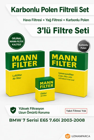 BMW 7 Serisi E65 7.60i 2003-2008 MANN Filtre Seti (3’lü / 3 Parça) Karbonlu Polen + Hava + Yağ Filtresi (Yakıt Yok) ürün görseli 1