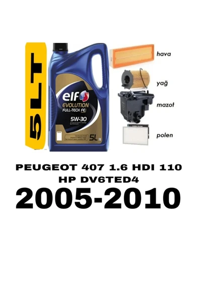 Peugeot 407 1.6 Dizel Kw80 Hp109 Yağ Bakım Seti 2004-2011-9HZ (DV6TED4) +ELF 5W30 5LT 2025 5Lİ SET ürün görseli 1