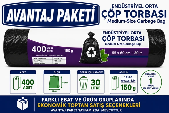 Joypack 55 x 60 cm 400 Adet AVANTAJ TOPTAN PAKET Endüstriyel Orta Boy Çöp Torbası 30 Litre Çöp Poşeti ürün görseli 1