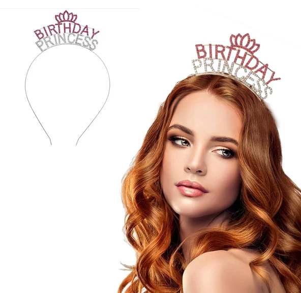 Kristal Taşlı Pembe Birthday Princess Yazılı Parti Tacı 19x11 cm ürün görseli 1