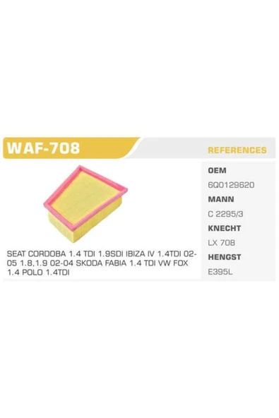 Waf-708 Hava Filtresi Polo 01- / Cordoba 02-09 Ibiza 02-09 / Fabia 00-08 1.9 Tdı 1.4 Tdı 1.8t ürün görseli 1