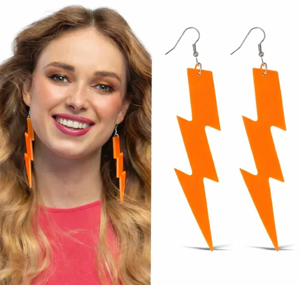 80’Ler 90&Amp;#39;Lar Neon Turuncu Şimşek Küpe 10 Cm ürün görseli 1