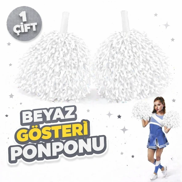 1 Çift ( 2 Adet ) Beyaz Renk 23 Nisan 19 Mayıs 29 Ekim Okul Gösteri Ponponları Ekstra Dolgun ürün görseli 1