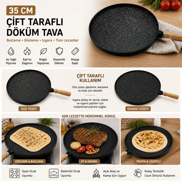 35 Cm Döküm Gözleme Tavası Çift Taraflı Bazlama Izgara Tavası Ahşap Saplı Yapışmaz ürün görseli 1