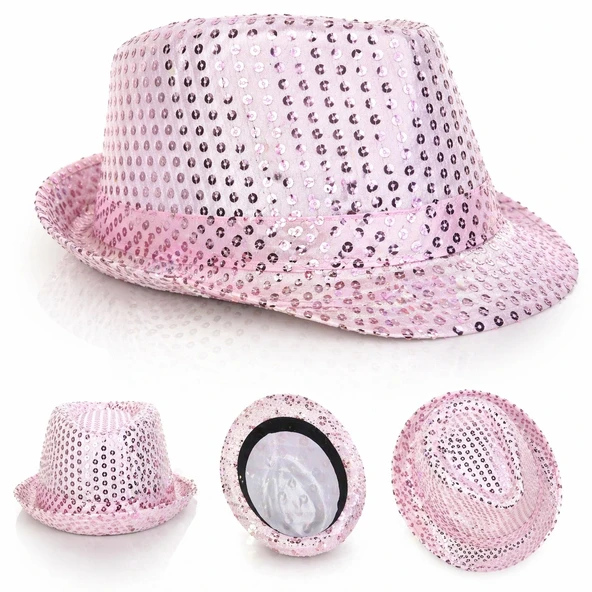 Pembe Payetli Disco Parti Şapkası Yetişkin Işıltılı Fötr Model ürün görseli 1