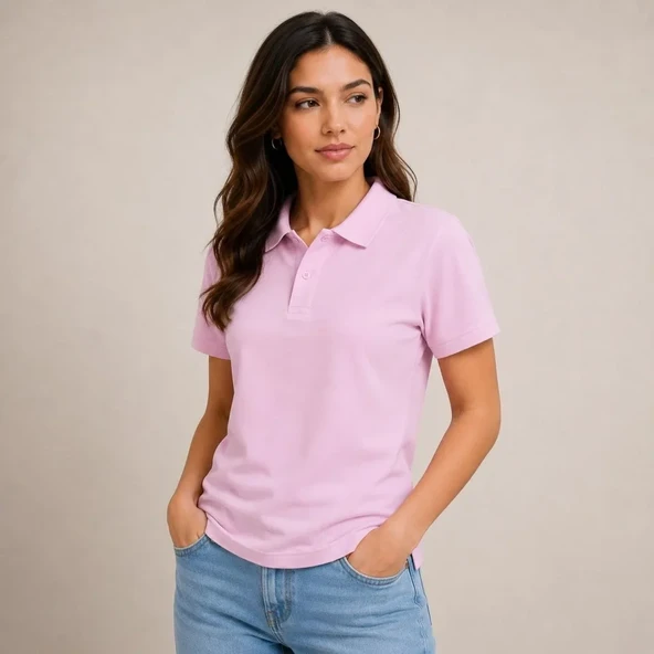 Polo Yaka Pike Kumaş Düğmeli Basic Tişört Günlük Rahat - Pembe - Resim 4
