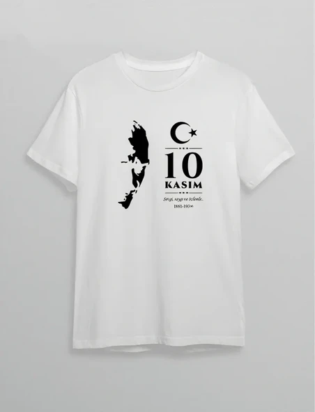 10 Kasım Atatürk Anma Günü Silüet Baskılı Oversize Bisiklet Yaka T-shirt - Beyaz ürün görseli 1