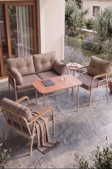 Ekon Serisi 1. Sınf 2+1+1 ve 1 Adet Orta Sehpa 2 Yastıklı Cappucino İskeletli Bahçe Balkon Oturma Koltuk Takımı ürün görseli 1