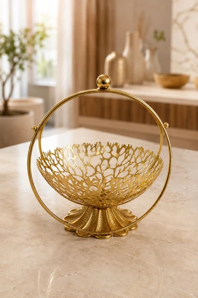 Gold Metal Dekoratif Meyvelik Şekerlik İkramlık Sunum Sepeti Modern Tasarım ürün görseli 1