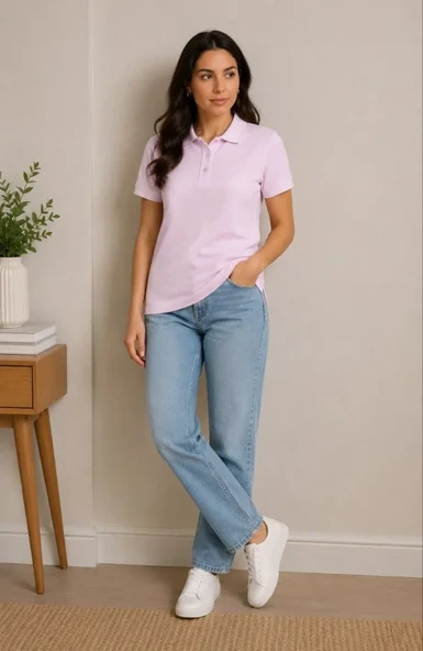 Polo Yaka Pike Kumaş Düğmeli Basic Tişört Günlük Rahat - Pembe - Resim 2