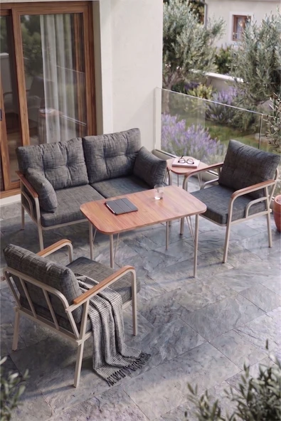 Ekon Serisi 1. Sınf 2+1+1 ve 1 Adet Orta Sehpa 2 Yastıklı Cappucino İskeletli Bahçe Balkon Oturma Koltuk Takımı ürün görseli 1