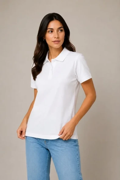 Polo Yaka Pike Kumaş Düğmeli Basic Tişört Günlük Rahat - Beyaz - Resim 2