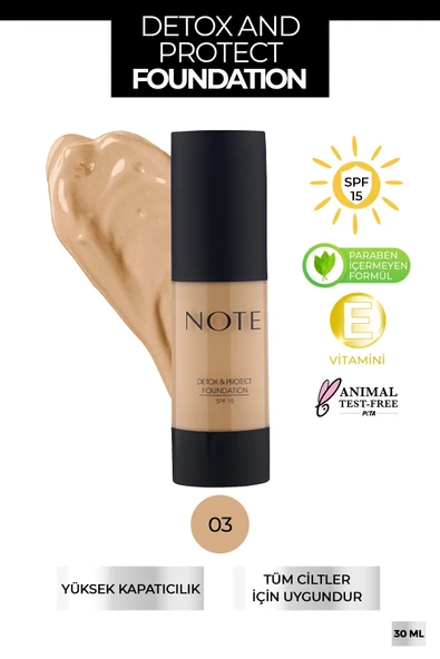 NOTE Detox & Protect Canlandırıcı Etkili Spf 15 Kapatıcı Fondöten 03 Medium Beige ürün görseli 1