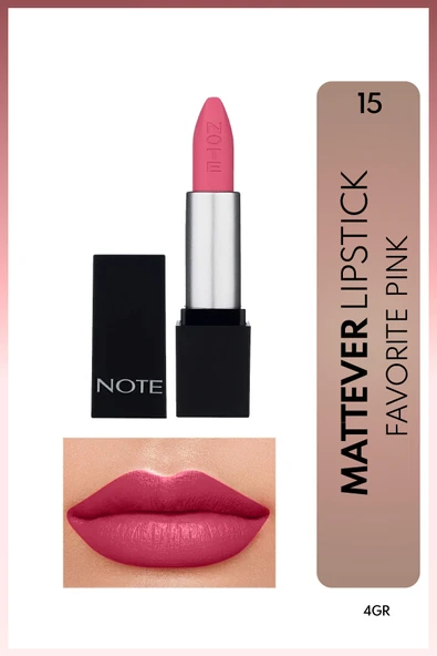 NOTE Mattever Lipstick Yarı Mat Saten Bitişli Ruj 15 Favorite Pink - Pembe ürün görseli 1