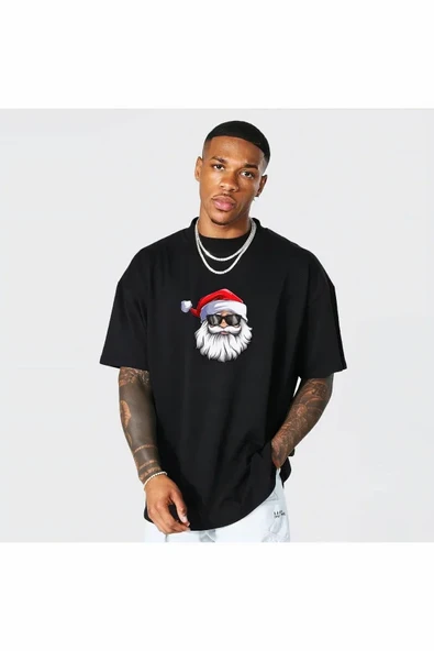 Yılbaşı Gözlüklü Noel Baba Baskılı Kısa Kollu Oversize Bisiklet Yaka T-shirt - Siyah ürün görseli 1