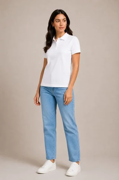 Polo Yaka Pike Kumaş Düğmeli Basic Tişört Günlük Rahat - Beyaz - Resim 3