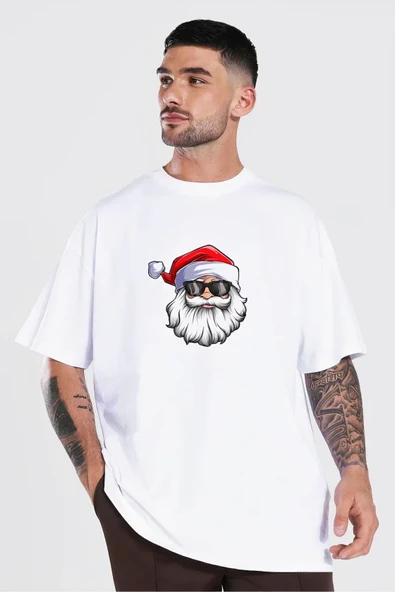 Yılbaşı Gözlüklü Noel Baba Baskılı Kısa Kollu Oversize Bisiklet Yaka T-shirt - Beyaz ürün görseli 1