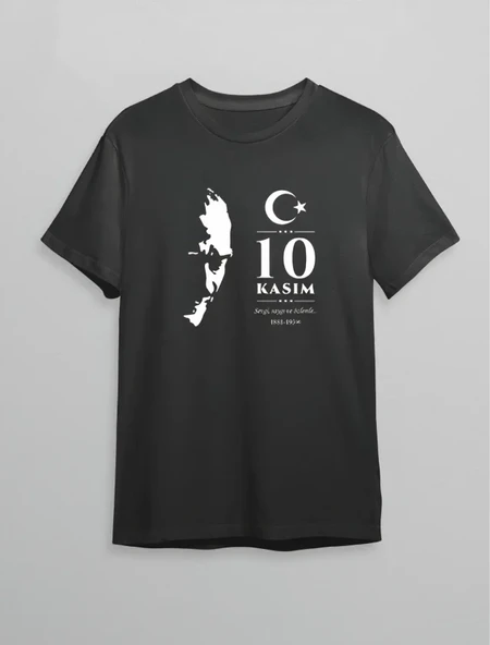 10 Kasım Atatürk Anma Günü Silüet Baskılı Oversize Bisiklet Yaka T-shirt - Siyah ürün görseli 1