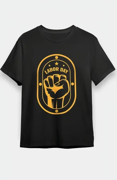 1 Mayıs Labor Day Emekçi Temalı Baskılı Oversize Bisiklet Yaka T-shirt - Siyah ürün görseli 1