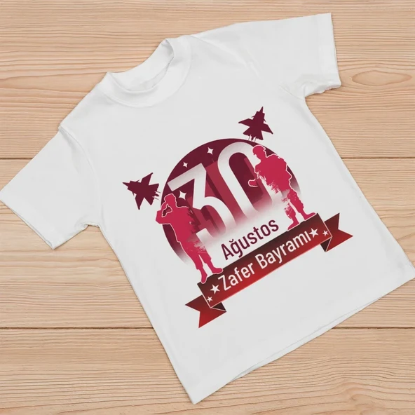 Ağustos Zafer Bayramı Atatürk Baskılı Kısa Kollu Bisiklet Yaka T-shirt - Beyaz ürün görseli 1