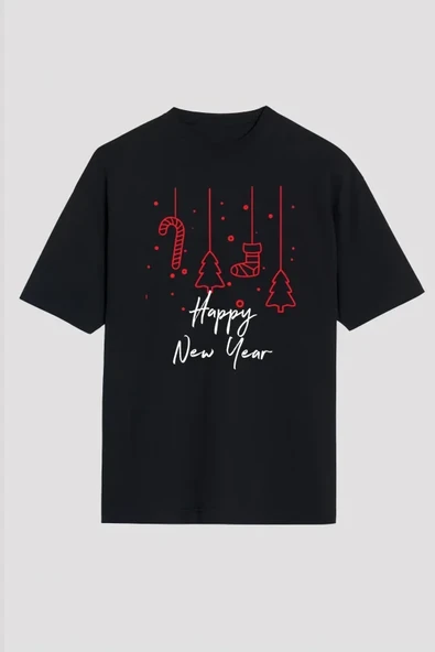 Yılbaşı Happy New Year Baskılı Kısa Kollu Oversize Bisiklet Yaka T-shirt - Siyah ürün görseli 1