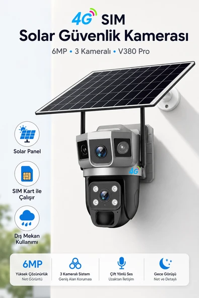 4G SIM Kartlı Güneş Enerjili Güvenlik Kamerası 6MP Solar Panelli Su Geçirmez 3 Kameralı V380 Pro ürün görseli 1