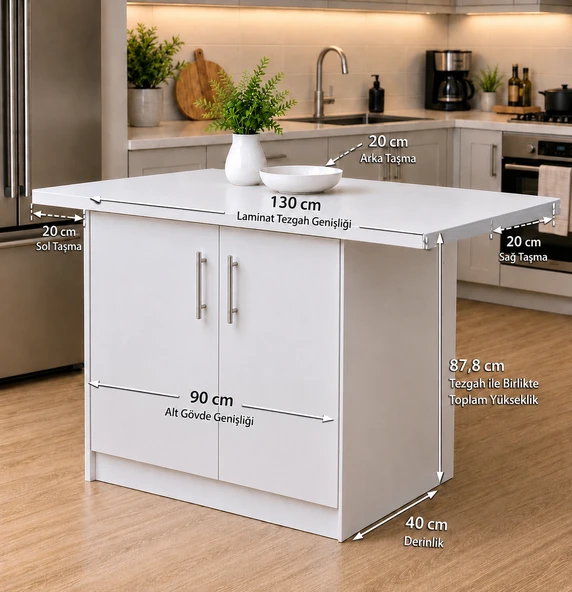 Tork Mutfak 2 Kapaklı Mutfak Adası-Alt Modül 130 cm - Çok Amaçlı Dolap -Beyaz Laminat Tezgah Dahil - Beyaz ürün görseli 1