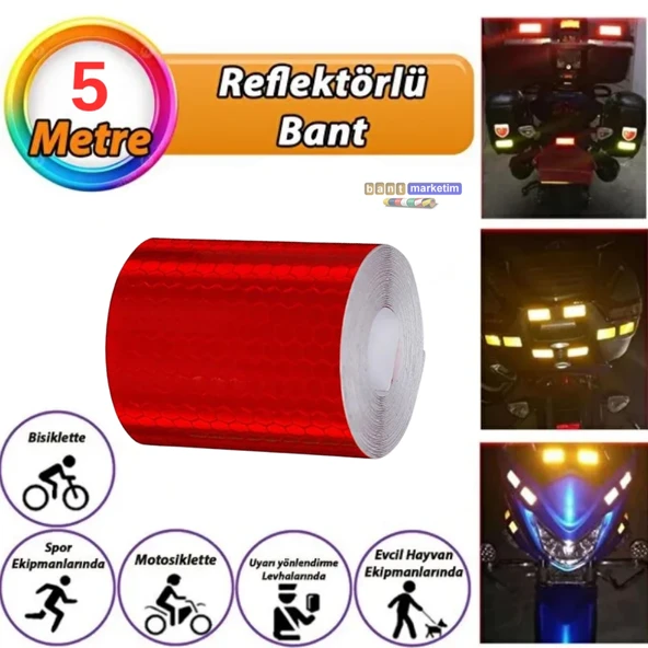 Reflektörlü Reflektif Fosforlu Şerit Bant Petekli Reflekte İkaz Bandı 5 cm x 5 Metre Kırmızı ürün görseli 1